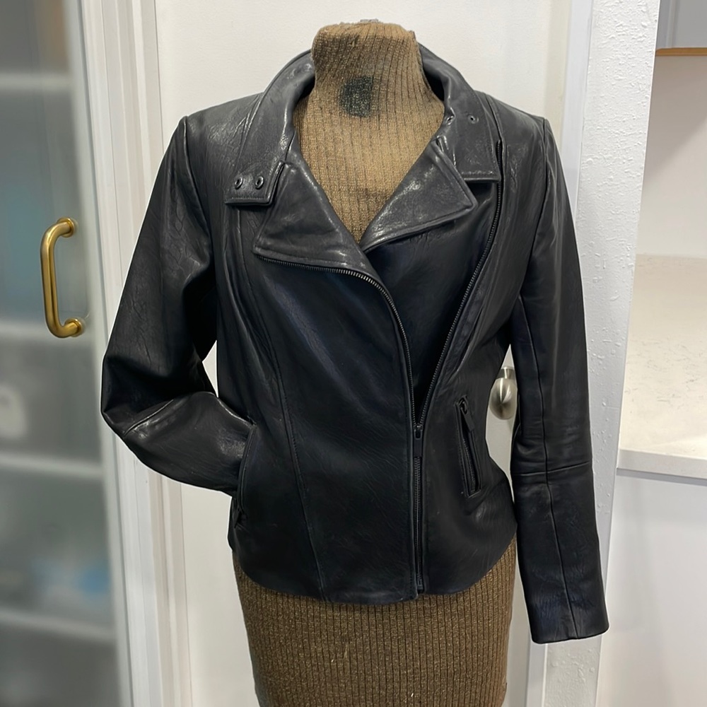 Halogen Black Leather Bomber Jacket - medium petite